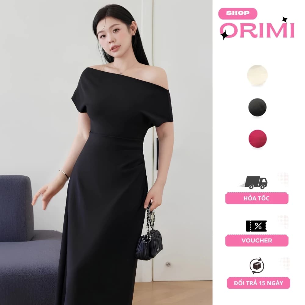 Đầm trễ vai lệch vai dáng dài đi tiệc đen/kem/đỏ đô Bigsize N3_ORIMI