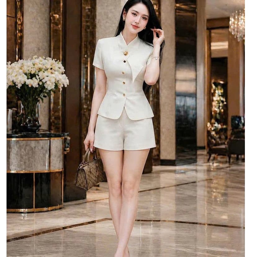 (MAY 2 LỚP ) Bộ Vest Nữ Tay Ngắn Quần Short Vải Xước Hàn Thiết Kế Sang Trọng Thanh Lịch Thời Trang NY NA STORE