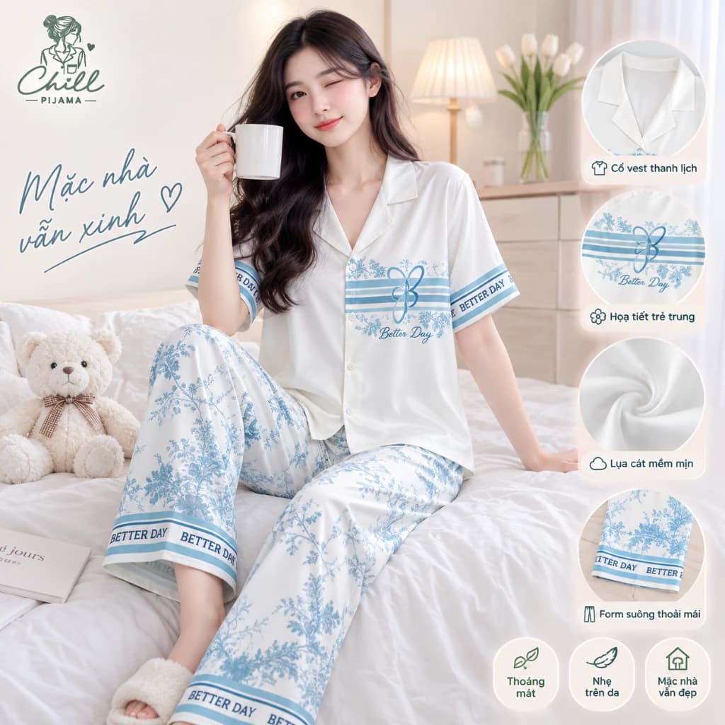 [PIJAMA CHILL] Bộ Pijama Mặc Nhà Nữ In Nhiệt 5D Sắc Nét Chất Lụa Mịn Mát Full Size