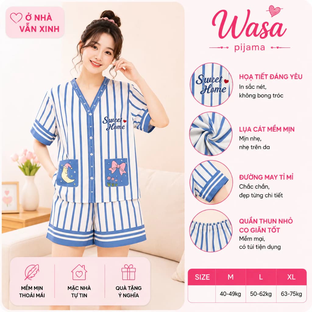 Wasa Pijama | Pijama Nữ Tay Cộc Quần Đùi Lụa Cát Mềm Mát Đồ Ngủ Nữ Bộ Mặc Nhà
