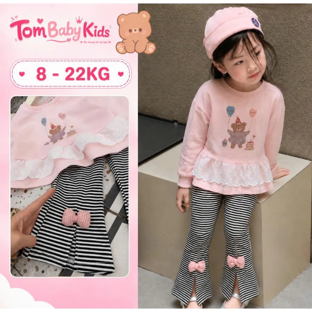 Set đồ bé gái, đồ bộ bé gái thu đông áo sweater viền bèo phối quần ống loe đính nơ xinh xắn cho bé 8-22kg Tom Baby Kids