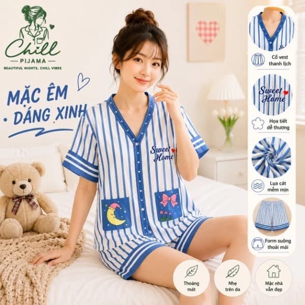 [Chill Shop] Bộ Pijama Lụa Hoạ Tiết Siêu Hot Mềm Mịn 4 Mùa Tay Ngắn Quần Đùi Size 40- 69kg
