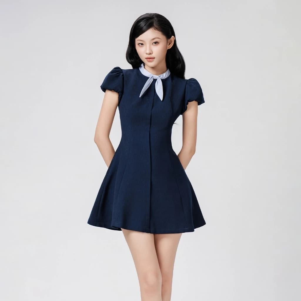 Váy chữ A dáng xòe THE C.I.U, đầm ngắn tay phồng phối cổ sơ mi thắt nơ - Yuri Dress