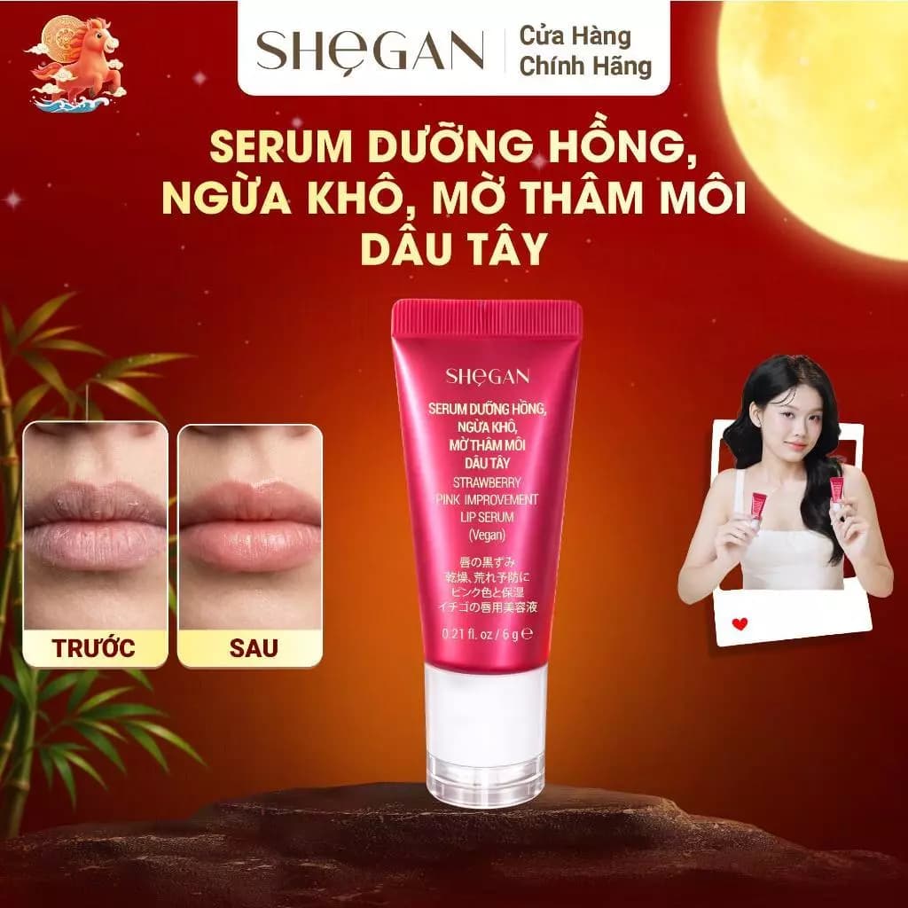 Serum Dưỡng Hồng, Ngừa Khô, Mờ Thâm Môi Dâu Tây 6g SHeGAN - Mềm Môi, Hồng Môi Tự Nhiên, Dưỡng Ẩm, Son Dưỡng Môi