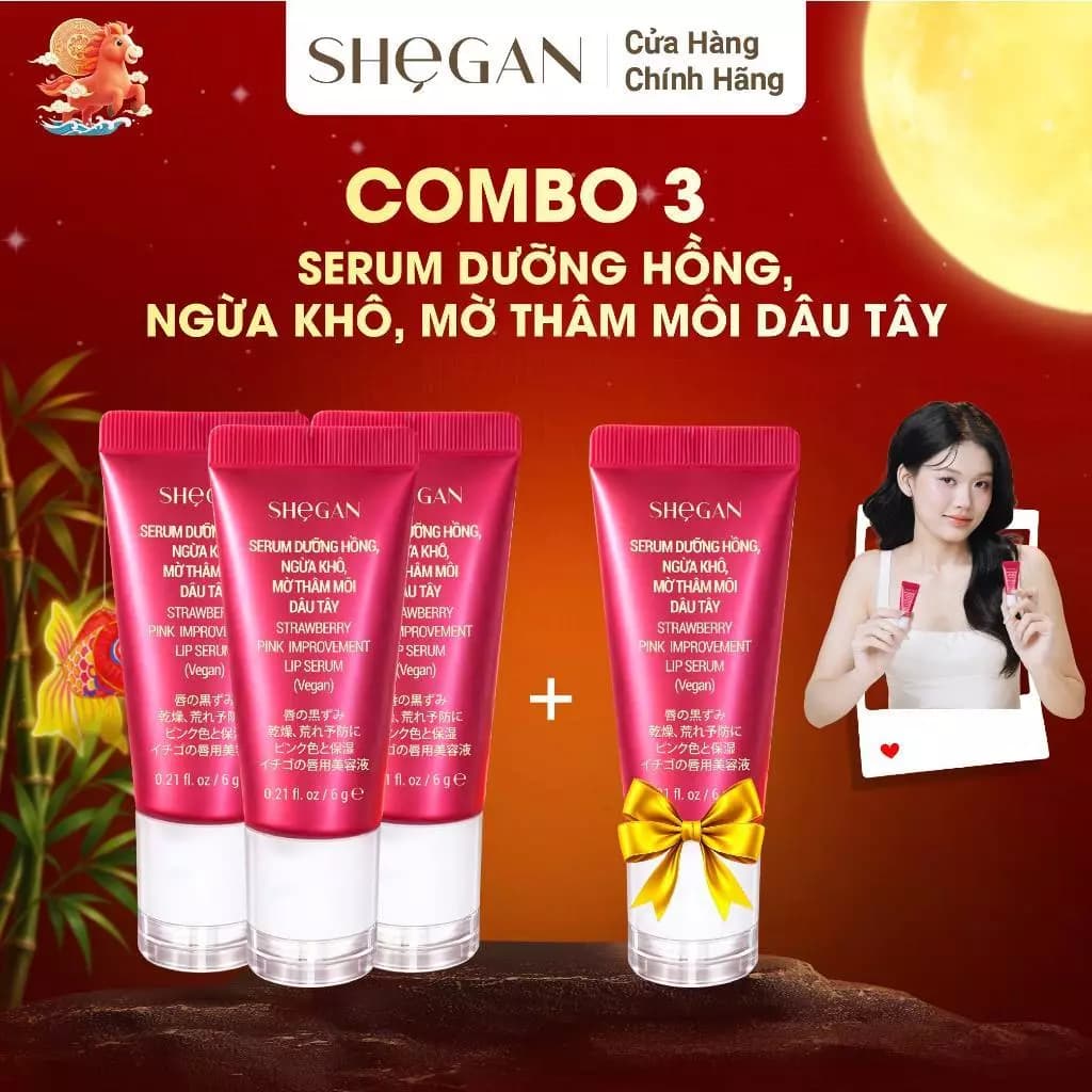 (Mua 3 tuýp tặng 1) Combo 3 Tuýp Serum Dưỡng Hồng, Ngừa Khô, Mờ Thâm Môi Dâu Tây 6g SHeGAN