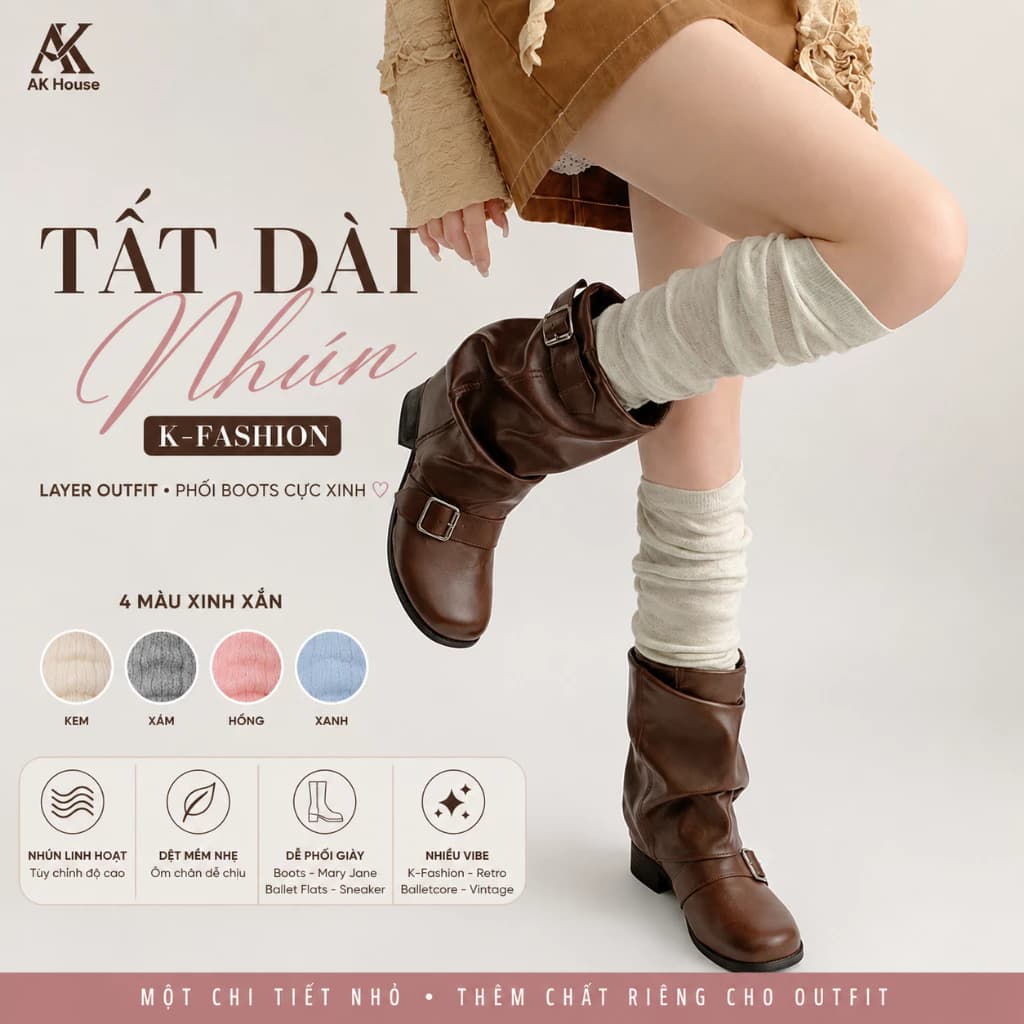 Tất Dài Nhún Nữ TO13 Phong Cách Hàn Quốc K-Fashion Tất Ống Chân Phối Boots Váy Retro Balletcore