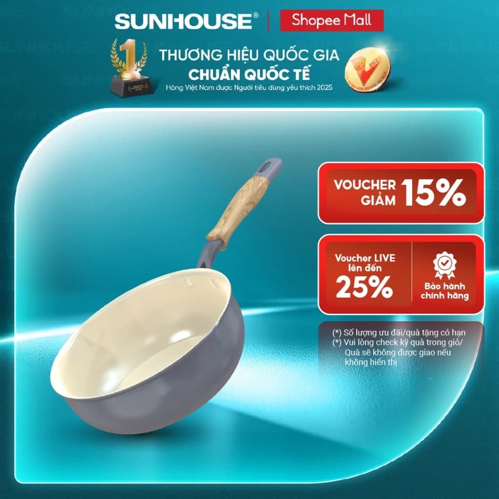 Chảo sâu phủ sứ đáy từ Sunhouse Healthy SDPxxM - Chống dính Ceramic - Bắt từ nhanh, dùng trên mọi loại bếp