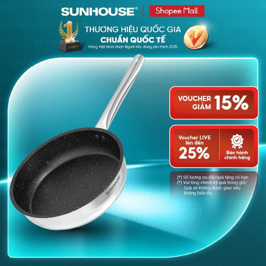 Chảo Inox Impact SUNHOUSE ECO IN20-24-26M5 - Đáy từ công nghệ mới Impact Bonding - Dùng được trên mọi loại bếp
