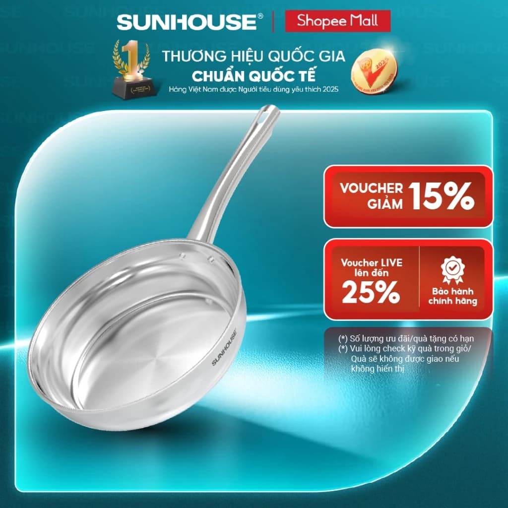 [Mã độc quyền online] Chảo inox 304 đa lớp Sunhouse IN20-24-26M7E - 3 lớp inox liền khối - Dùng mọi loại bếp