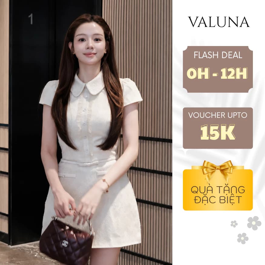 Váy ren nữ cổ sen khuy hoa dáng chữ A ngắn tay tiểu thư thanh lịch dự tiệc cao cấp VALUNA STORE 2744