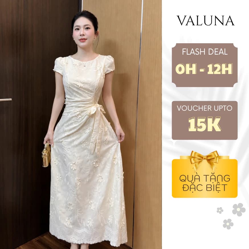 Váy ren thêu hoa nổi dáng dài buộc eo tay phồng thanh lịch dự tiệc công sở cao cấp VALUNA STORE 2735