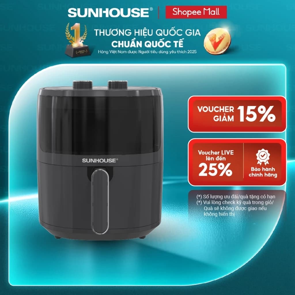 [Bản mới] Nồi chiên không dầu 5L Sunhouse SHD4021 - Khoang chiên trong suốt - Công nghệ Rapid Air 360 độ