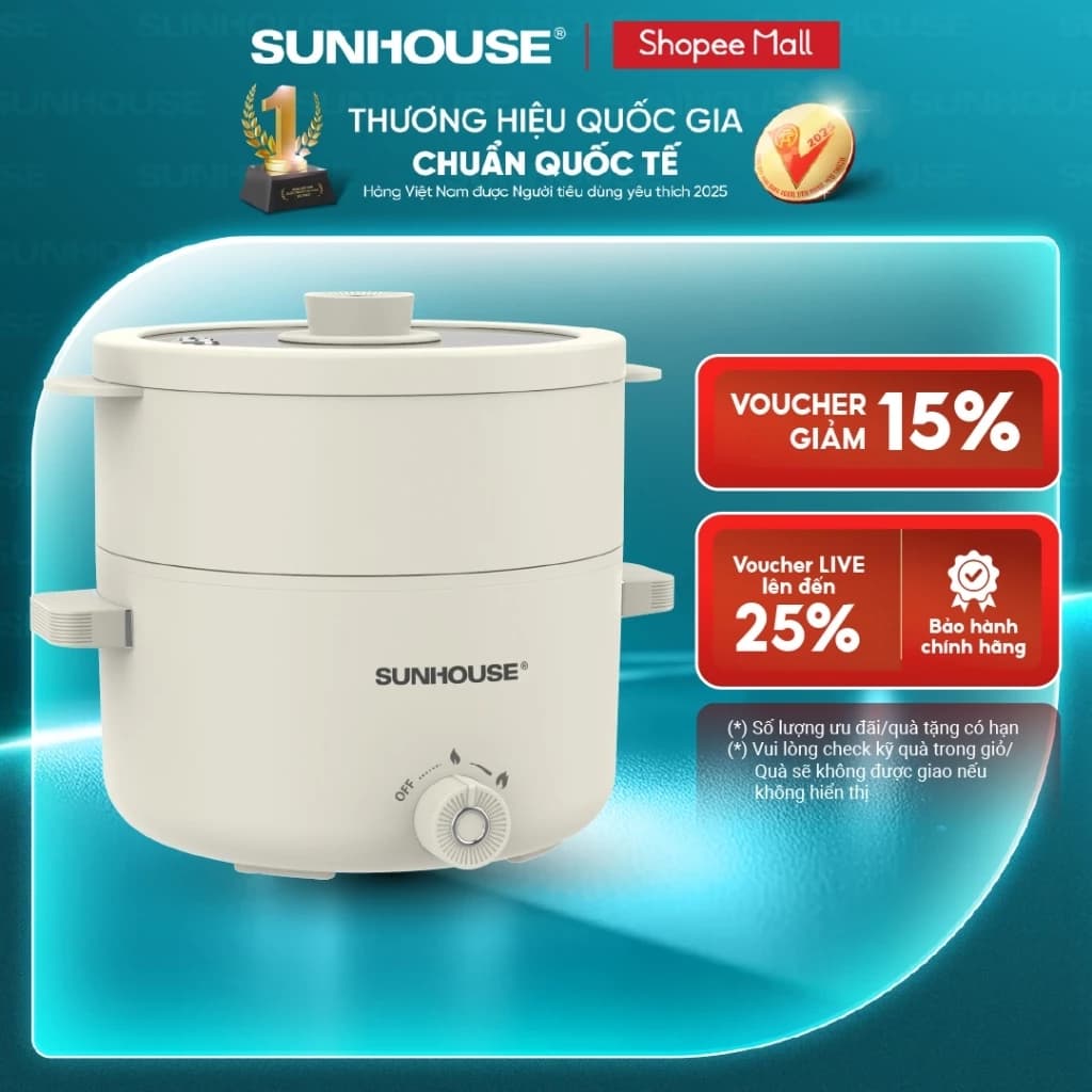 Nồi điện mini đa năng 2.0L Sunhouse SHD4517 - Đa năng 4in1 - Lòng nồi chống dính Ceramic - Gia nhiệt trực tiếp