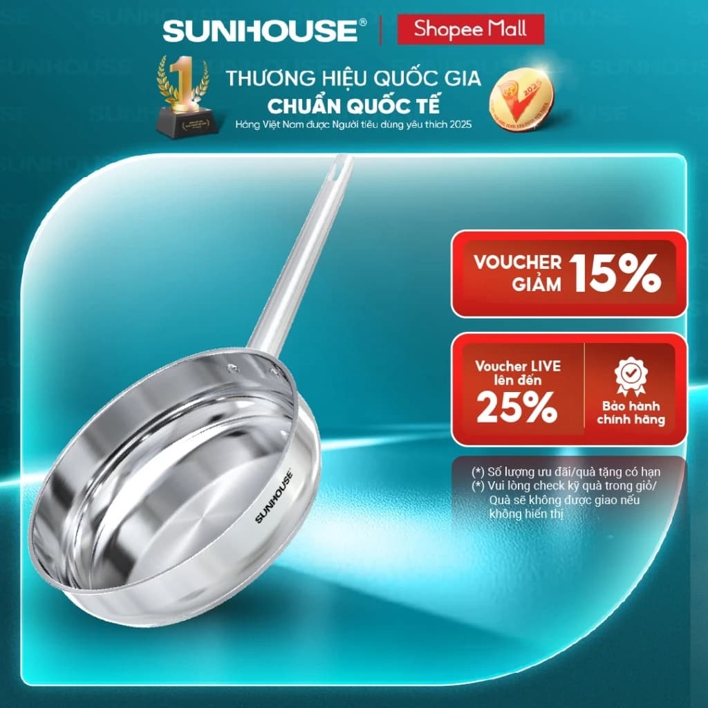 Chảo Inox 304 cao cấp Sunhouse Healthy IN16-20-24-26-28M9 - Phù hợp mọi loại bếp - Tay cầm Inox không gỉ