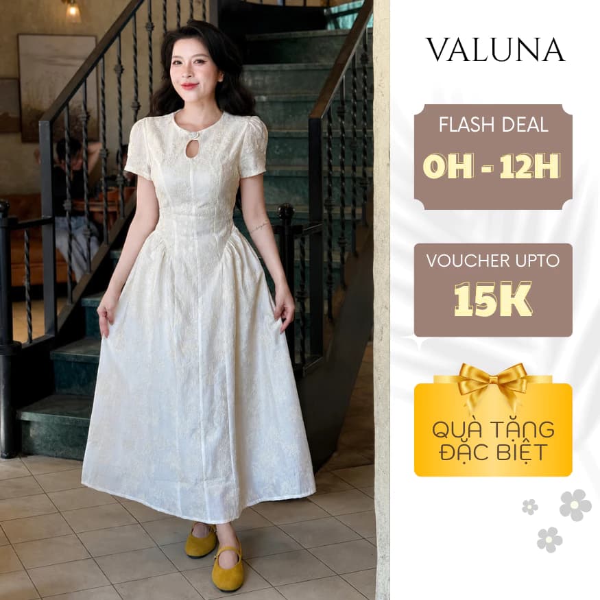 Váy gấm hoa dáng dài cổ giọt lệ tay ngắn thanh lịch dự tiệc công sở cao cấp nữ VALUNA STORE 2738