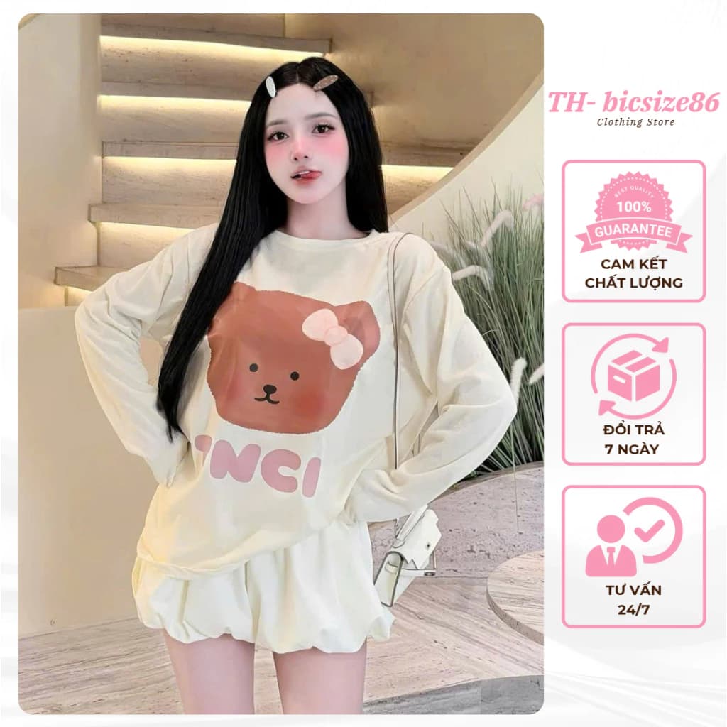 Set áo thun in hình gấu xinh mix quần bí chất cotton thoáng mát nhẹ nhàng