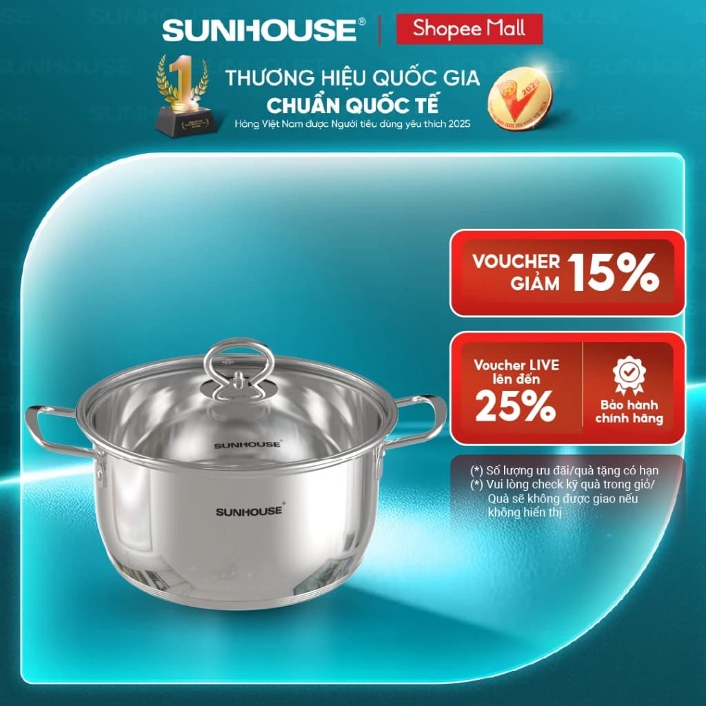 Nồi Inox 5 đáy Sunhouse SHG788- 16/20/24 cm - Công nghệ Impact Bonding - Hiệu suất bắt từ 100% - Dùng mọi loại bếp
