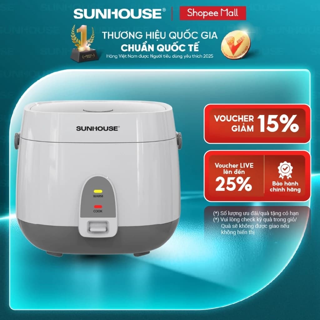 Nồi cơm điện 1.8L Sunhouse SHD8611- Lòng nồi: 1mm, chống dính 2 lớp vân đá, 4-6 người dùng - Sản xuất tại Việt Nam