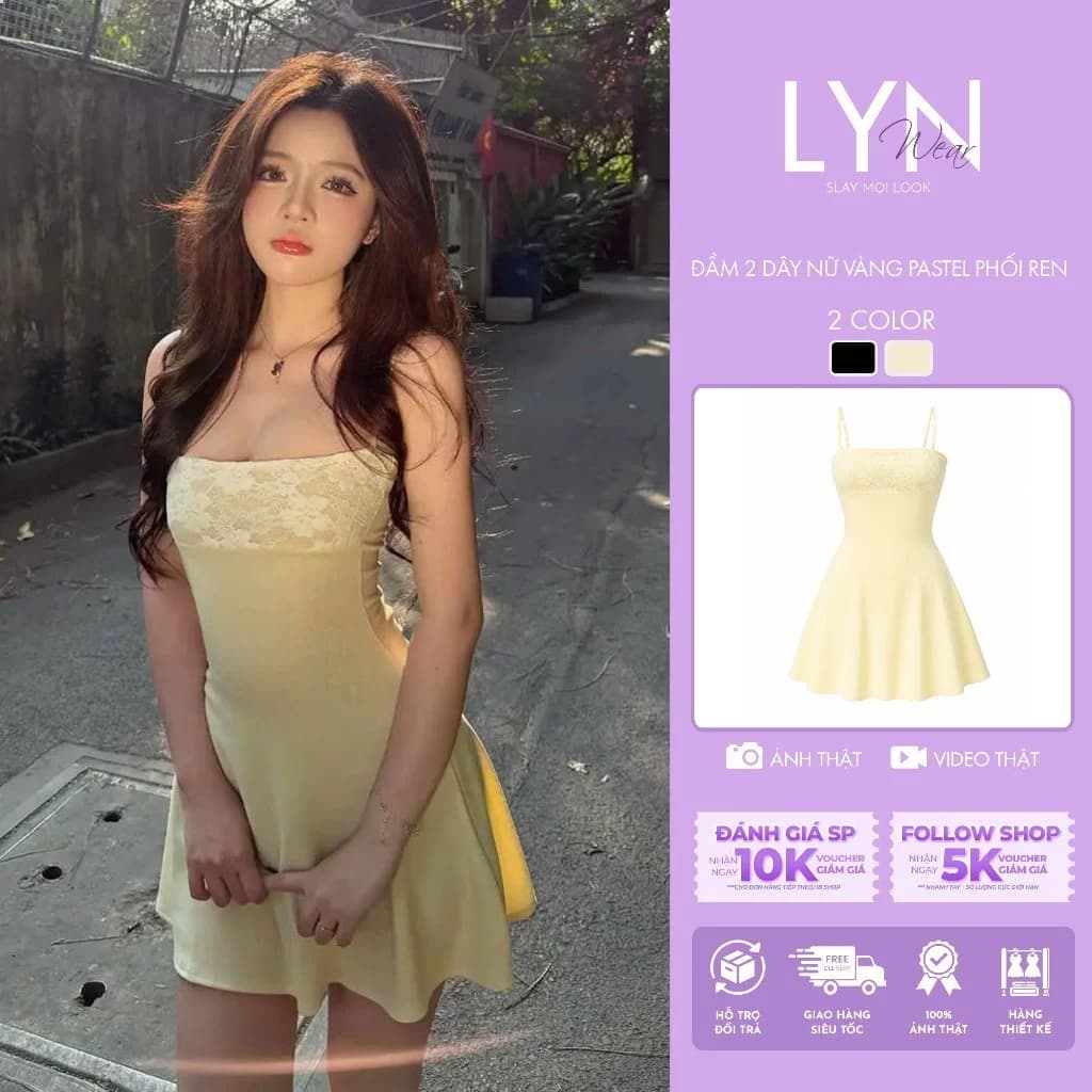| LYN WEAR | (HỎA TỐC-DEAL MỞ BÁN) Đầm 2 Dây Nữ Vàng Pastel Phối Ren Tiểu Thư Dáng Xòe Mùa Hè Đi Chơi, Chụp Ảnh