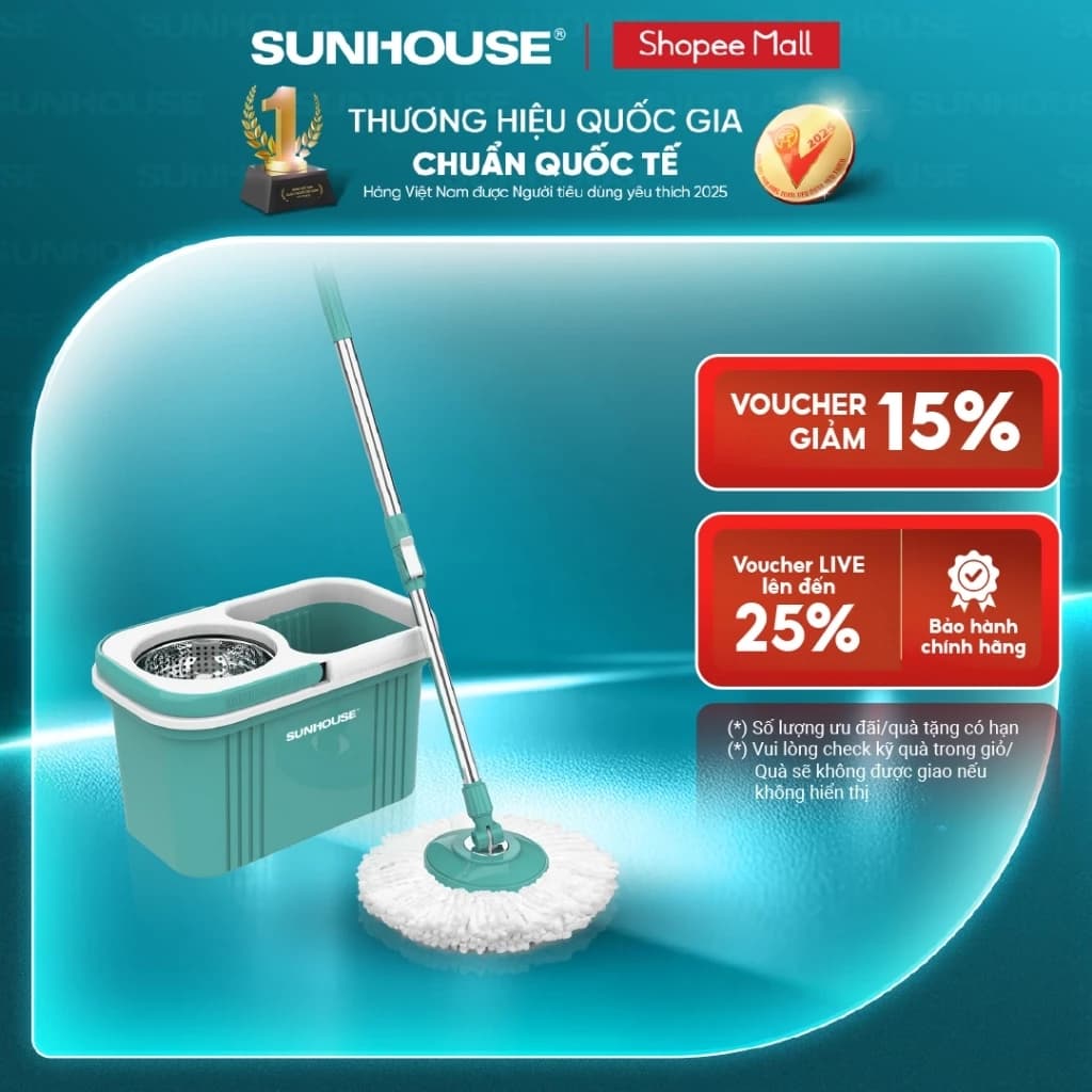 Bộ lau nhà xoay 360 độ Sunhouse KS-CL330S - Kèm thùng tự vắt có lồng inox chống gỉ, dễ làm sạch - Hàng chính hãng