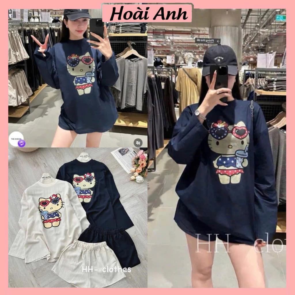 Set Bộ Đồ Nữ Đũi Tơ Muối Tiêu In Mèo Hello Kitty Áo Cổ Tròn Dài Tay Mix Quần Sooc Đùi Ống Rộng