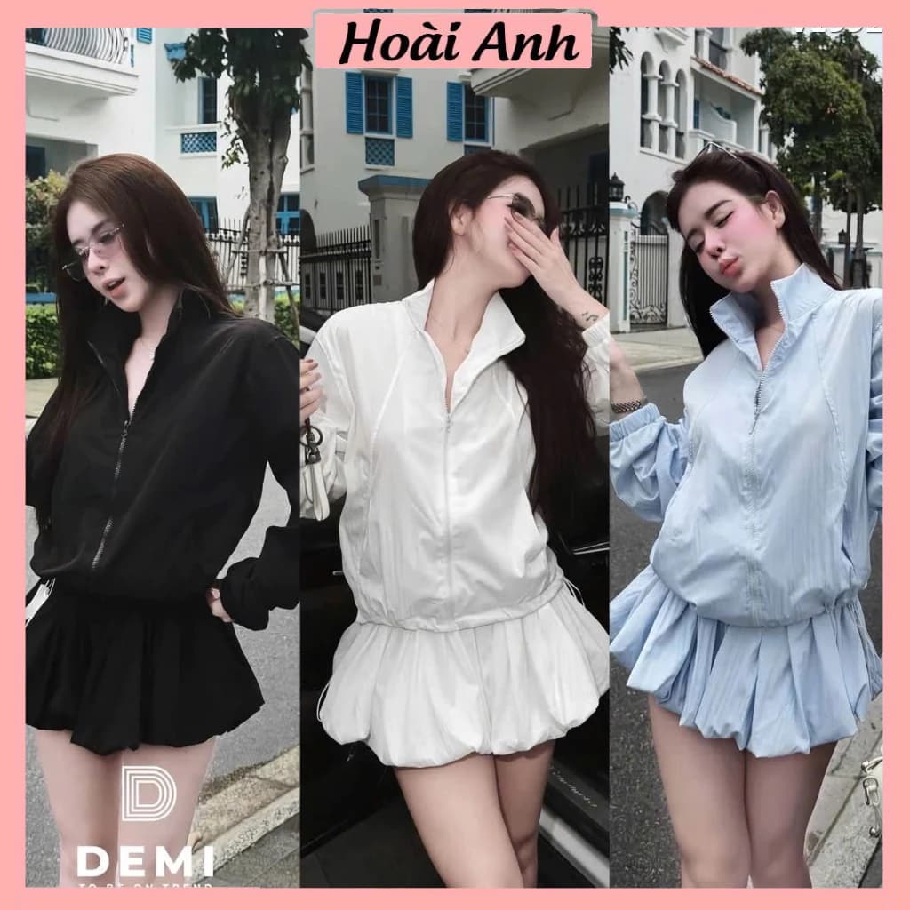 Set Bộ Đồ Nữ Gió Nhăn Áo Khoác Trơn 2 Lớp Dài Tay Dây Rút Gấu Mix Chân Váy Bí Phồng