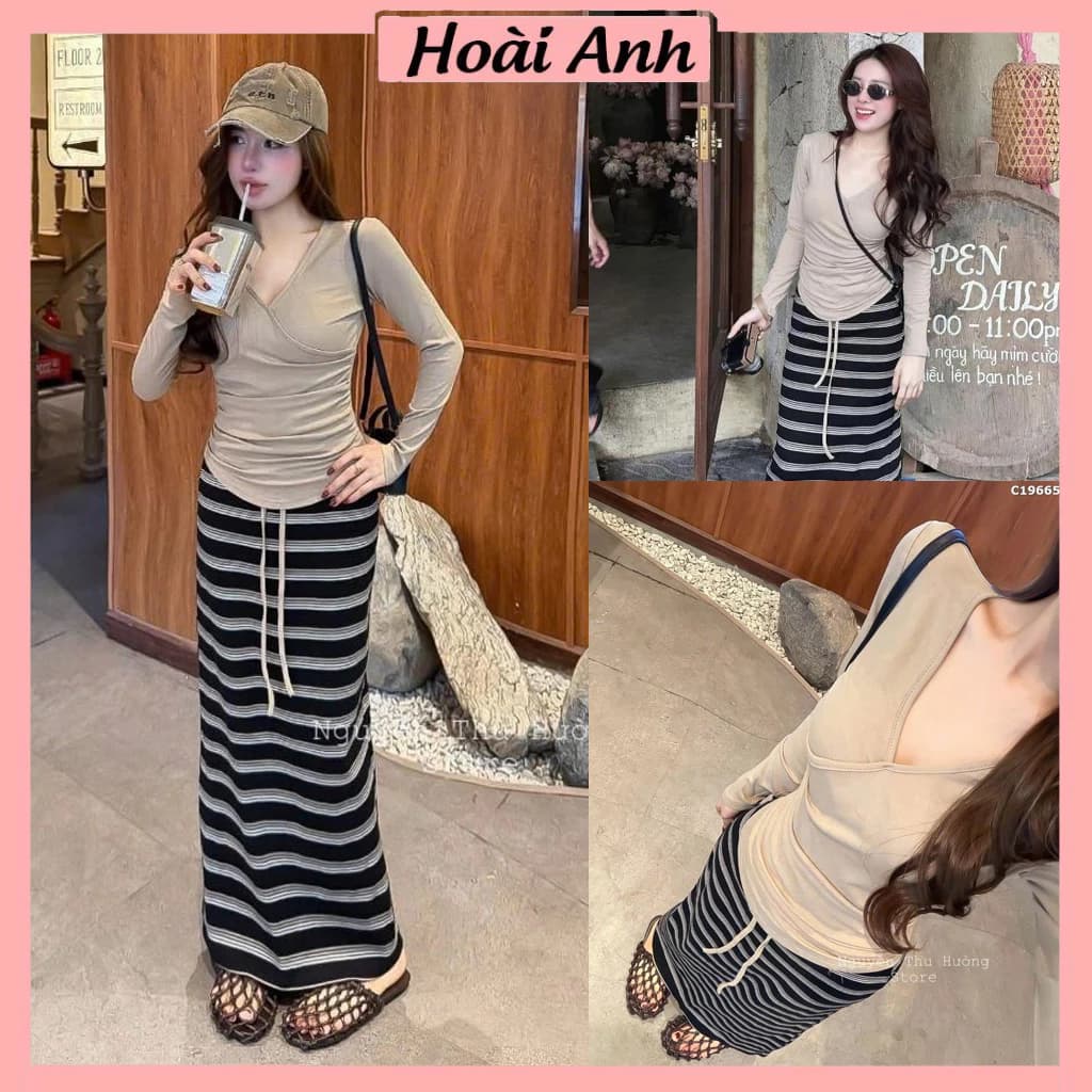 Set Bộ Đồ Nữ Áo Zip Nâu Vạt Chéo Cổ V Dài Tay Nhún Eo Mix Chân Váy Kẻ Ngang Đuôi Cá Dáng Dài
