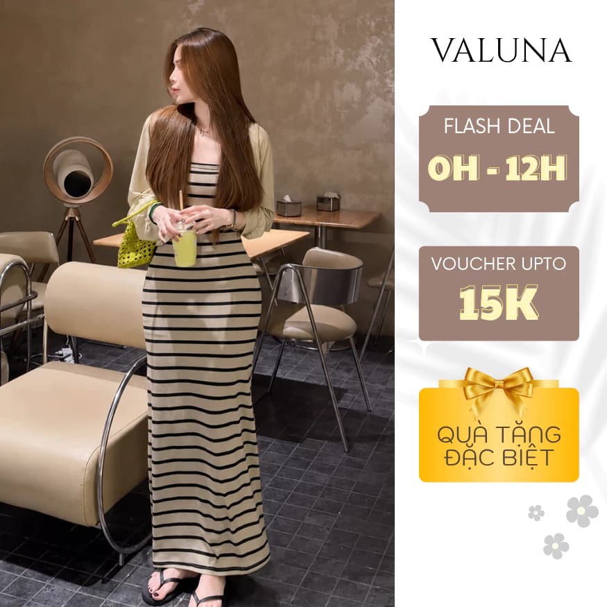 Set váy 2 dây tăm co giãn kèm áo cotton giấy dáng dài kẻ sọc thanh lịch nữ tính VALUNA STORE 2768