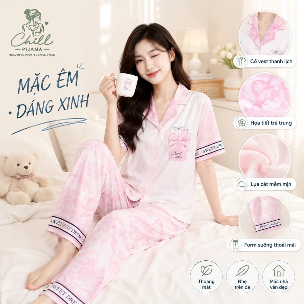 [Chill Pijama] Bộ Quần Dài Áo Cộc Lụa Cát In hình LABUBU Cao Cấp - Mềm Mại Thoáng Khí Size 42-69kg