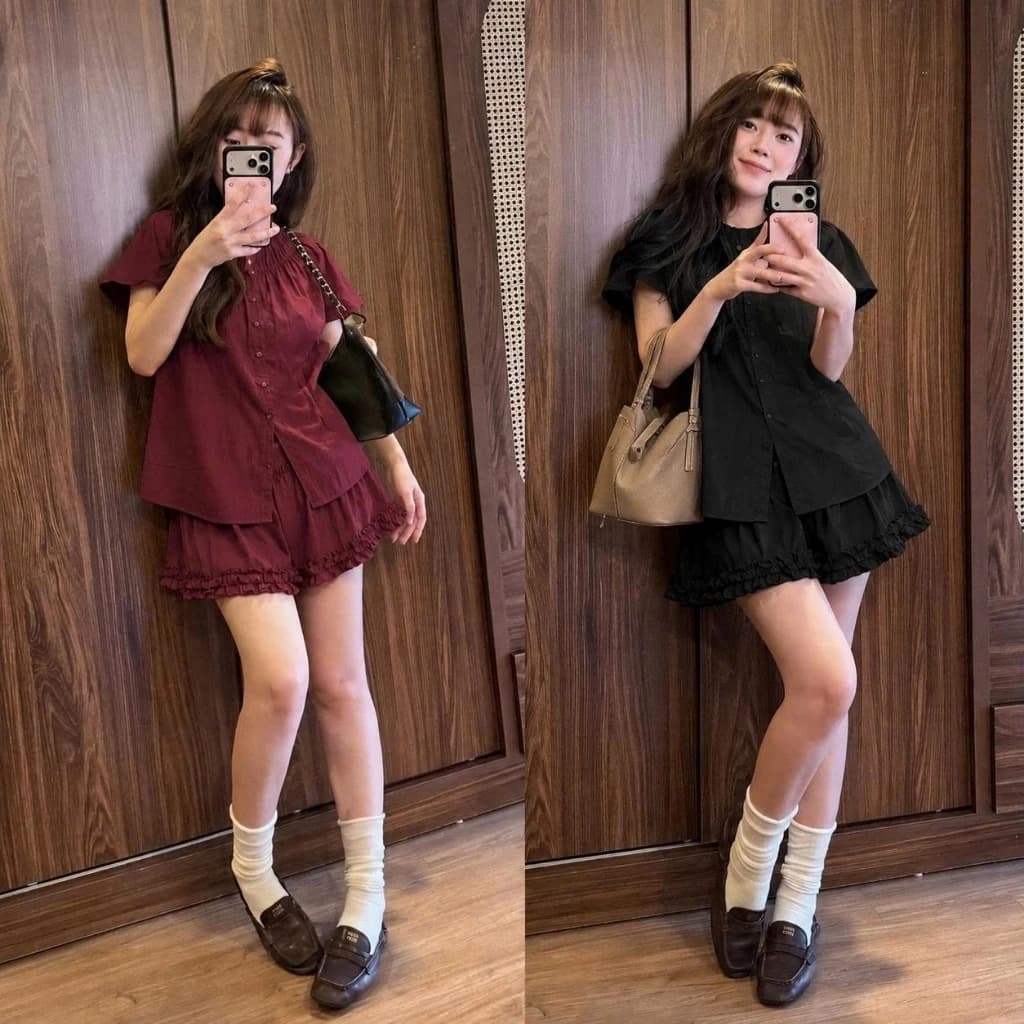 Set Áo Babydoll Dáng Suông Cổ Rúm Tay Phồng Mix Chân Váy Viền Bèo Cạp Chun 247Store Set3925