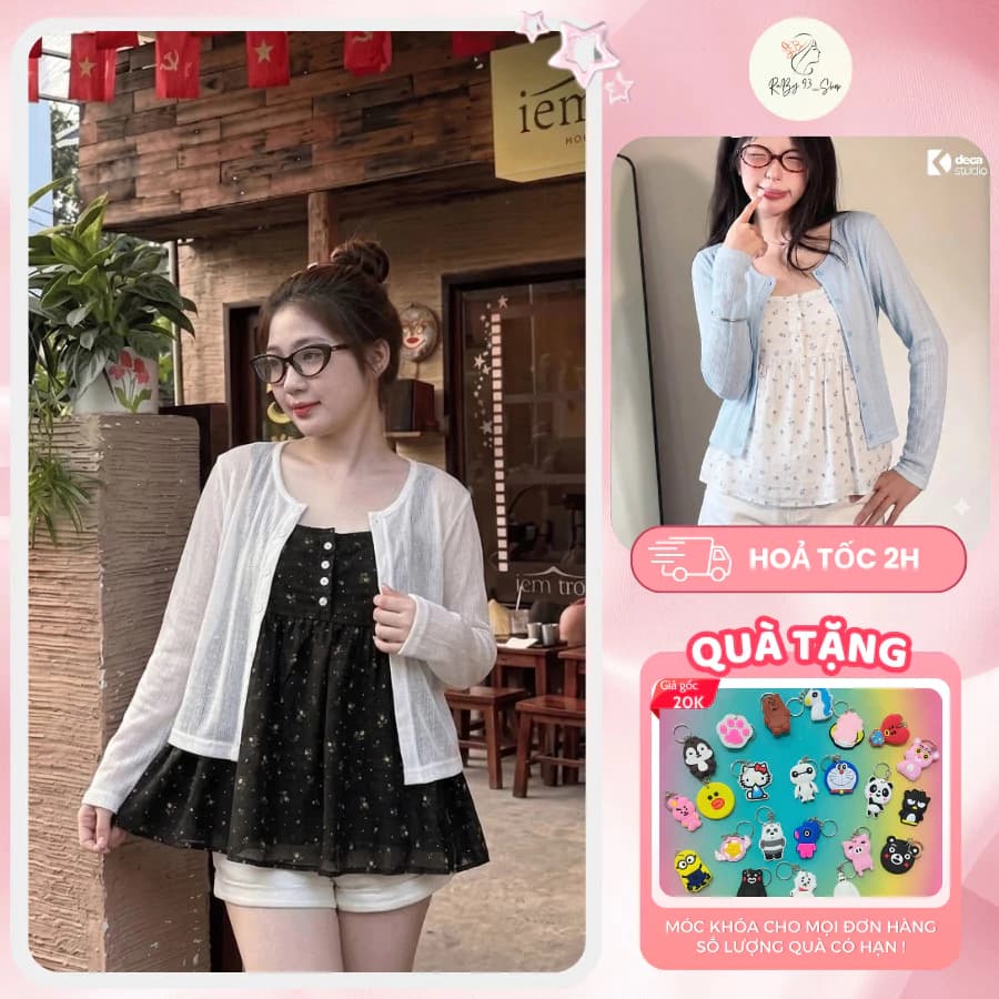 Áo Cardigan Nữ Kèm Áo 2 Dây Hoa, Set Áo Nữ Mỏng Nhẹ Cúc Trước Hack Dáng Xinh Xắn Dễ Thương Mặc Đi Chơi