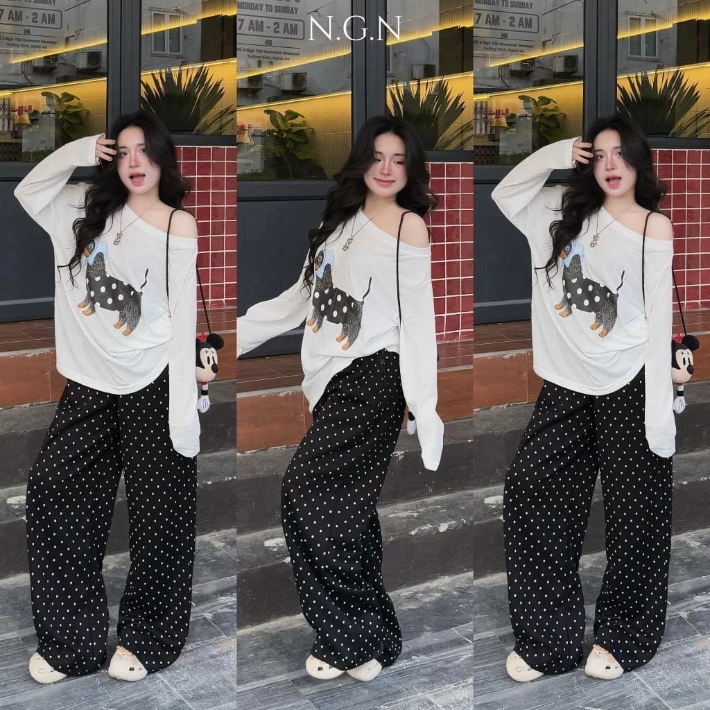 Set Bộ Đồ Nữ Áo Thun Giấy Trắng Cổ TRÒN Dài Tay In Cún Bi Mix Quần Dài Đũi Mềm Chấm Bi Đen Trắng