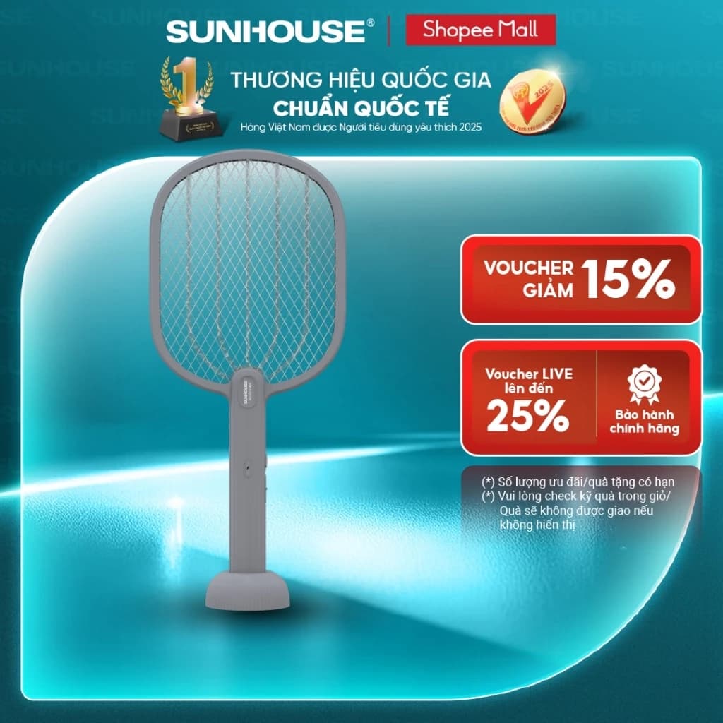 [Mẫu mới nâng cấp pin] Vợt muỗi Sunhouse SHE-EECVM26 - Thiết kế 2in1, tích hợp đèn bắt muỗi - Chống giật an toàn