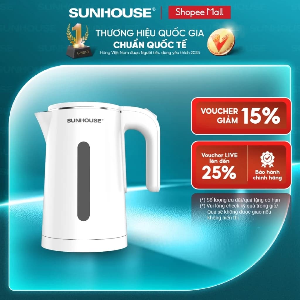 [Mẫu mới] Ấm siêu tốc 1.8L Sunhouse SHD1351W - Bộ điều khiển cao cấp – Thân ấm 2 lớp chống bỏng – 1500W