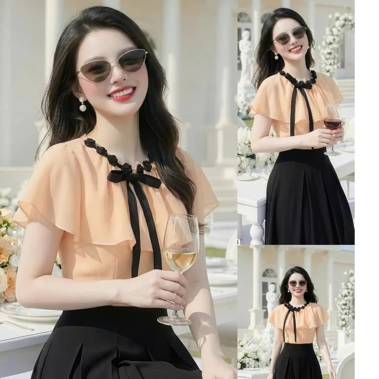 Đầm Modern Dáng Xòe Rủ Thân Phối Cổ Cánh Tiên Thắt Nơ Eo Cạp Cao Thời Thượng Đi Tiệc Đẹp