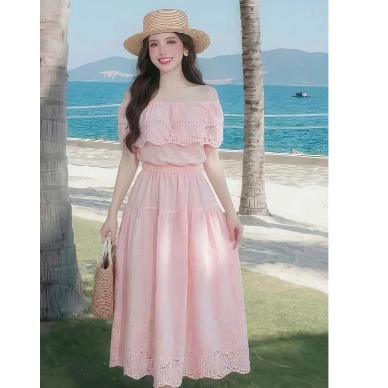 Váy Nữ Parisian Chic Thêu Boi Hồng Trơn Trễ Vai Bèo Tầng Tôn Dáng Che Khuyết Điểm Nhẹ Nhàng
