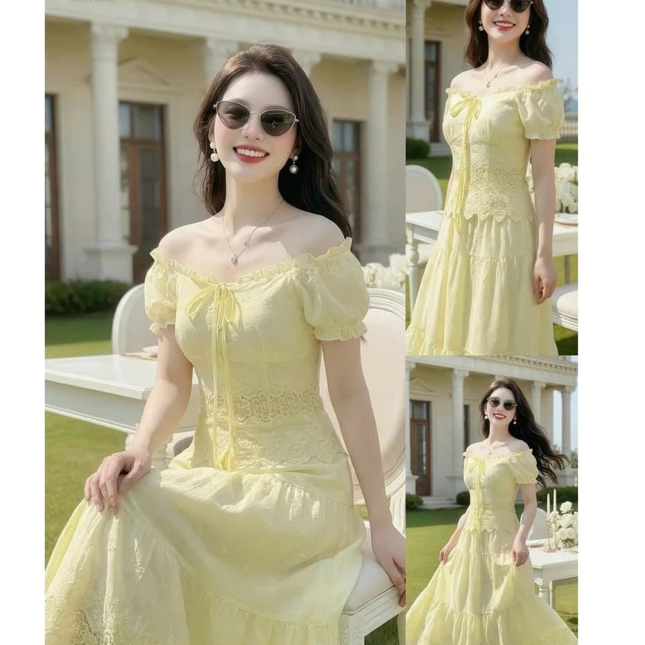 Váy Rời Parisian Chic Màu Vàng Bơ Phối Ren Áo Trễ Vai Chân Váy Xòe Tầng Dáng Dài