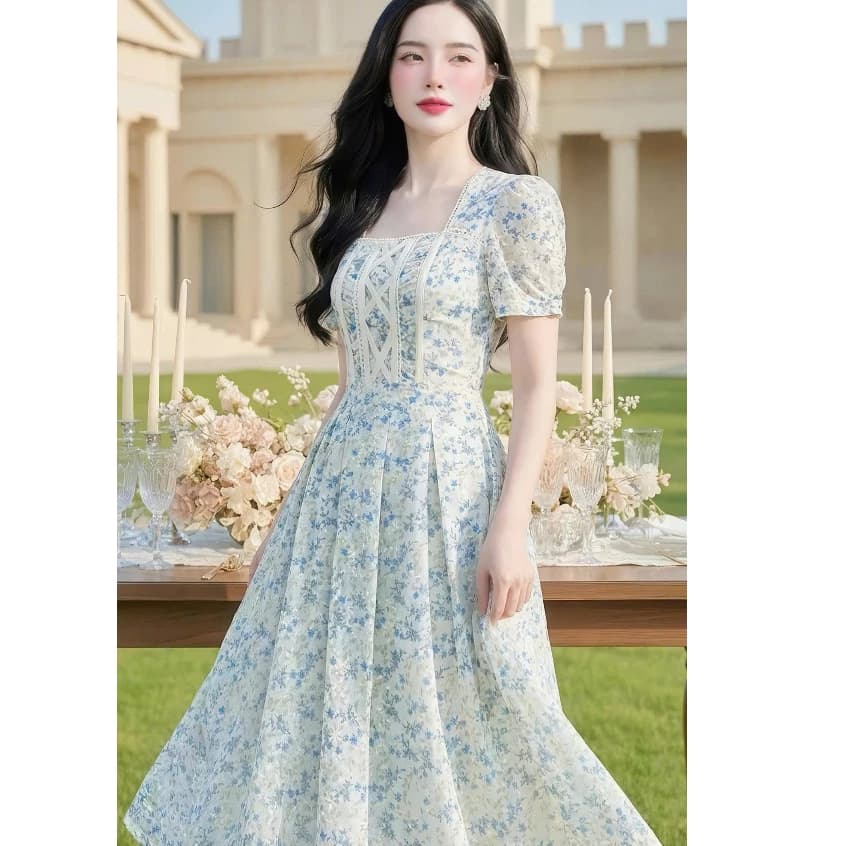 Đầm  Hoa Nhí Xanh Thiết Kế Corset Tôn Dáng Che Khuyết Điểm Nhẹ Nhàng Thướt Tha