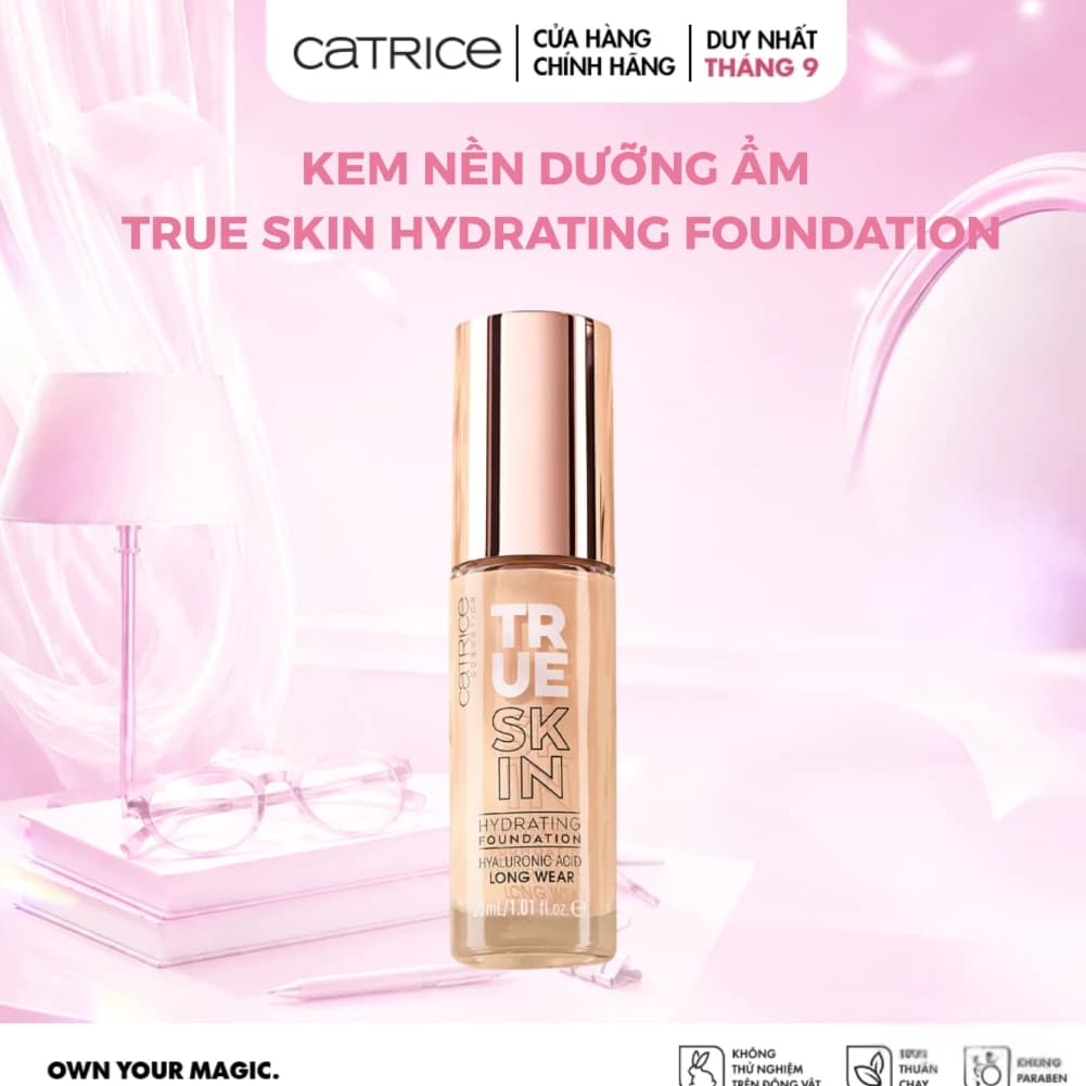 Kem nền dưỡng ẩm Catrice True Skin Hydrating Foundation cấp ẩm và che khuyết điểm tối ưu 30ml