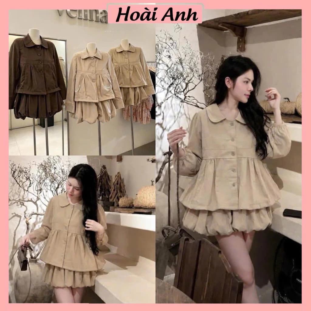 Set Bộ Đồ Nữ Kaki Cúc Bọc Áo Cổ Sen Dài Tay Dáng Babydoll Mix Chân Váy Bí Phồng 2 Lớp