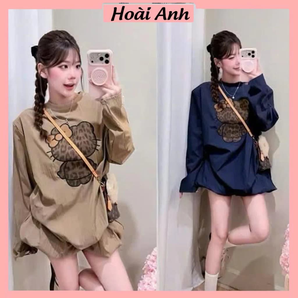 Set Bộ Đồ Nữ Gió Nhắn Áo Cổ TRòn Dài Tay In Mèo Kitty Da Báo Mix Quần Váy Bí Phồng 2 Lớp