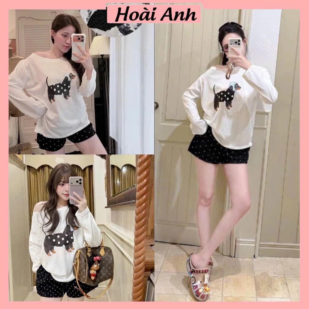 Set Bộ Đồ Nữ Áo Thun Giấy Trắng Lệch Vai Dài Tay In Cún Bi Mix Quần Sooc Đùi Umi Chấm Bi Đen Trắng Ống Rộng