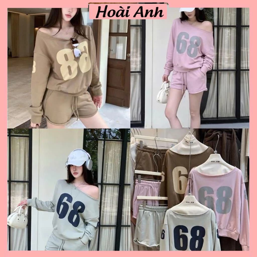 Set Bộ Đồ Nữ Nỉ Da Cá In Số 68 Áo Lệch Vai Dài Tay Bo Gấu Mix Quần Sooc Đùi Ống Rộng