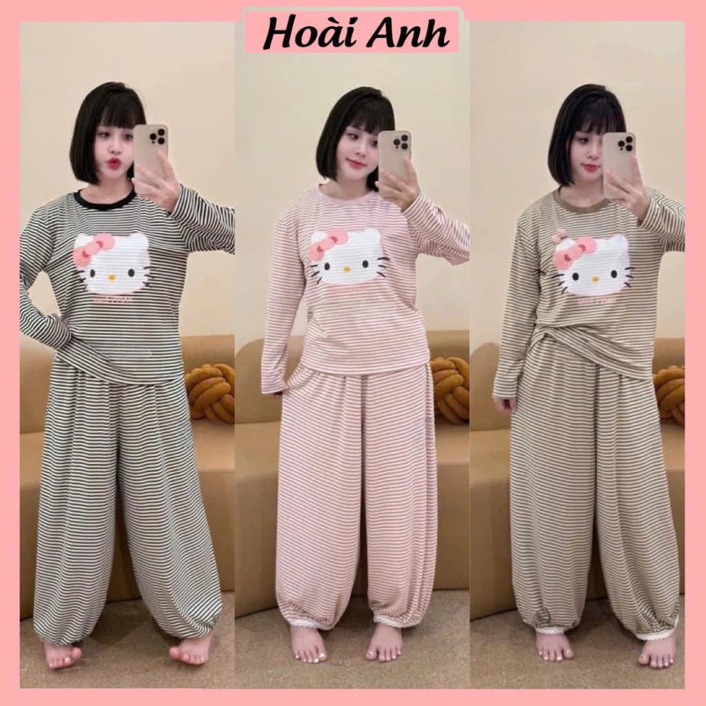 Set Bộ Đồ Nữ Kẻ Ngang In Mèo Kitty Nơ Hồng Áo Dài Tay Cổ Tròn Phối Viền Mix Quần Dài Ống Rộng Boom Viền Gấu Ren Trắng