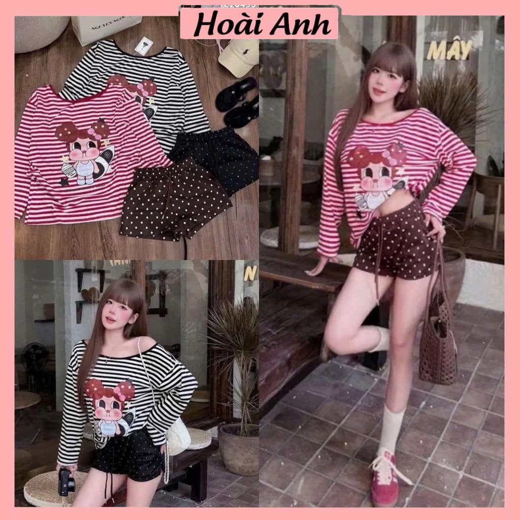 Set Bộ Đồ Nữ Áo Thun Giấy Kẻ Ngang Đen Đỏ Dài Tay Lệch Vai In Em Bé Mix Quần Sooc Đùi Chấm Bi