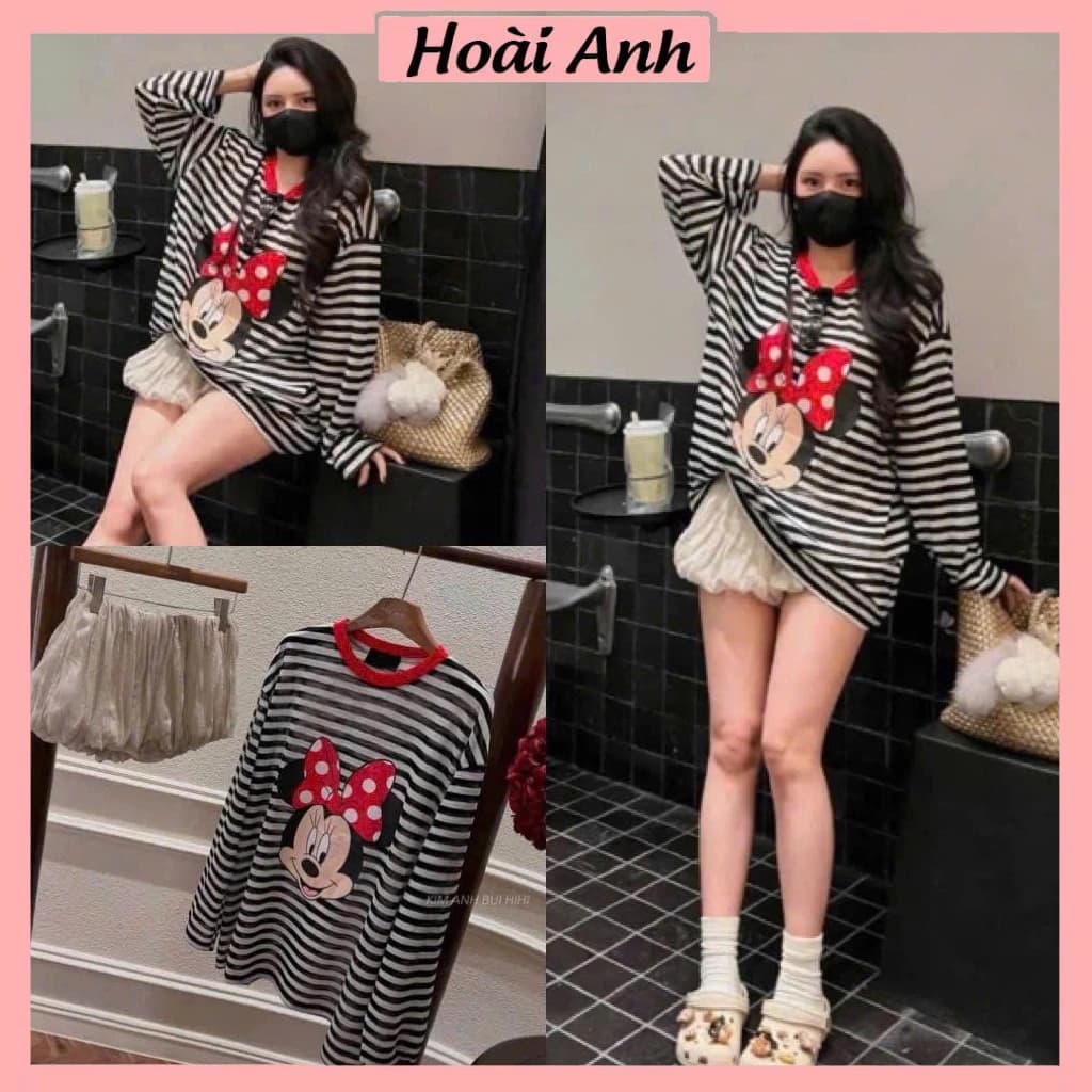 Set Bộ Đồ Nữ Áo Thun Giấy Kẻ Ngang Đen Trắng Dài Tay Phối Viền Cổ Đỏ In Chuột Mickey Mix Chân Váy Tơ Phồng Bí 2 Lớp