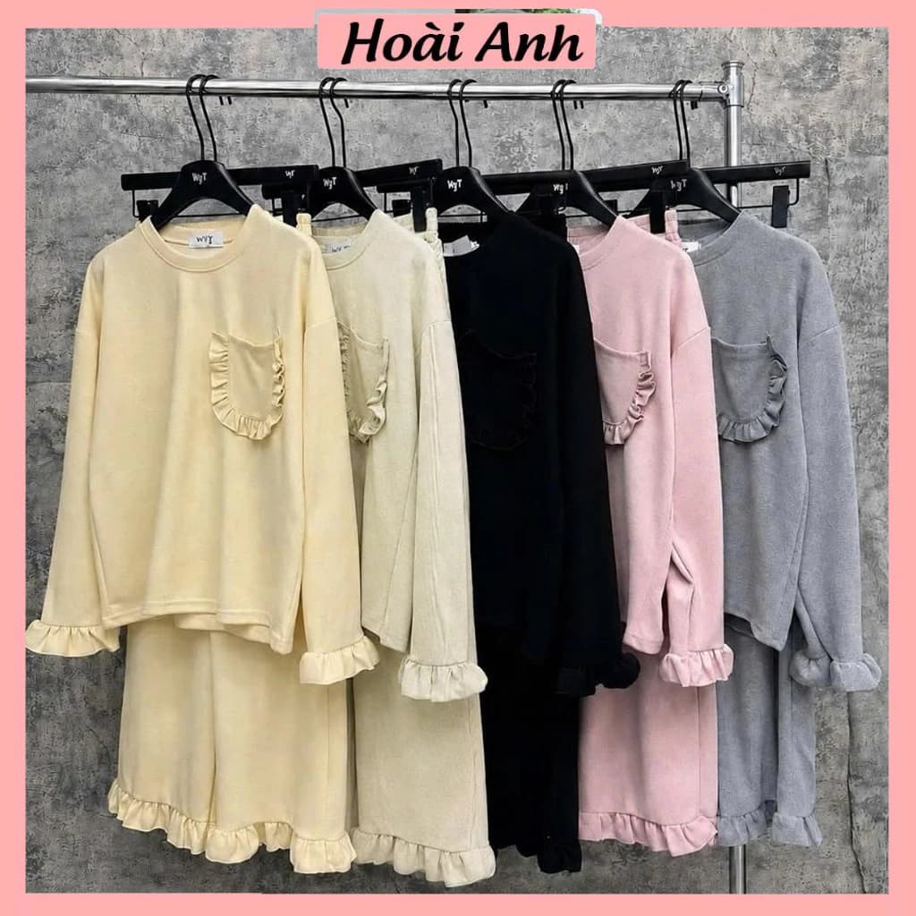 Set Bộ Đồ Nữ Len Tăm Lông Thỏ Áo Dài Tay TRơn Phối Túi Ngực Viền Bèo Mix Quần Suông Dài Ống Rộng Bèo Gấu