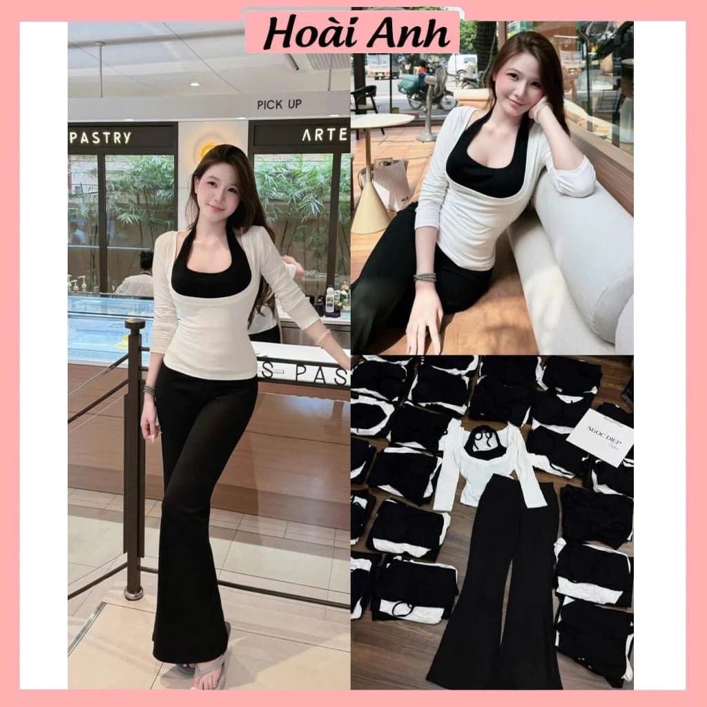 Set Bộ Đồ Nữ Áo Thun Giấy Trắng Cổ Vuông Dài Tay Ôm Body Kèm Áo Zip Yếm Đen Mix Quần Dài Nỉ Mì Ống Loe