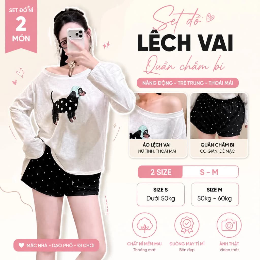 Set Bộ Nỉ Nữ 2 Món Áo Lệch Vai + Quần Short Chấm Bi Thời Trang Nữ Trẻ Trung Thoải Mái Phong Cách Hàn Quốc