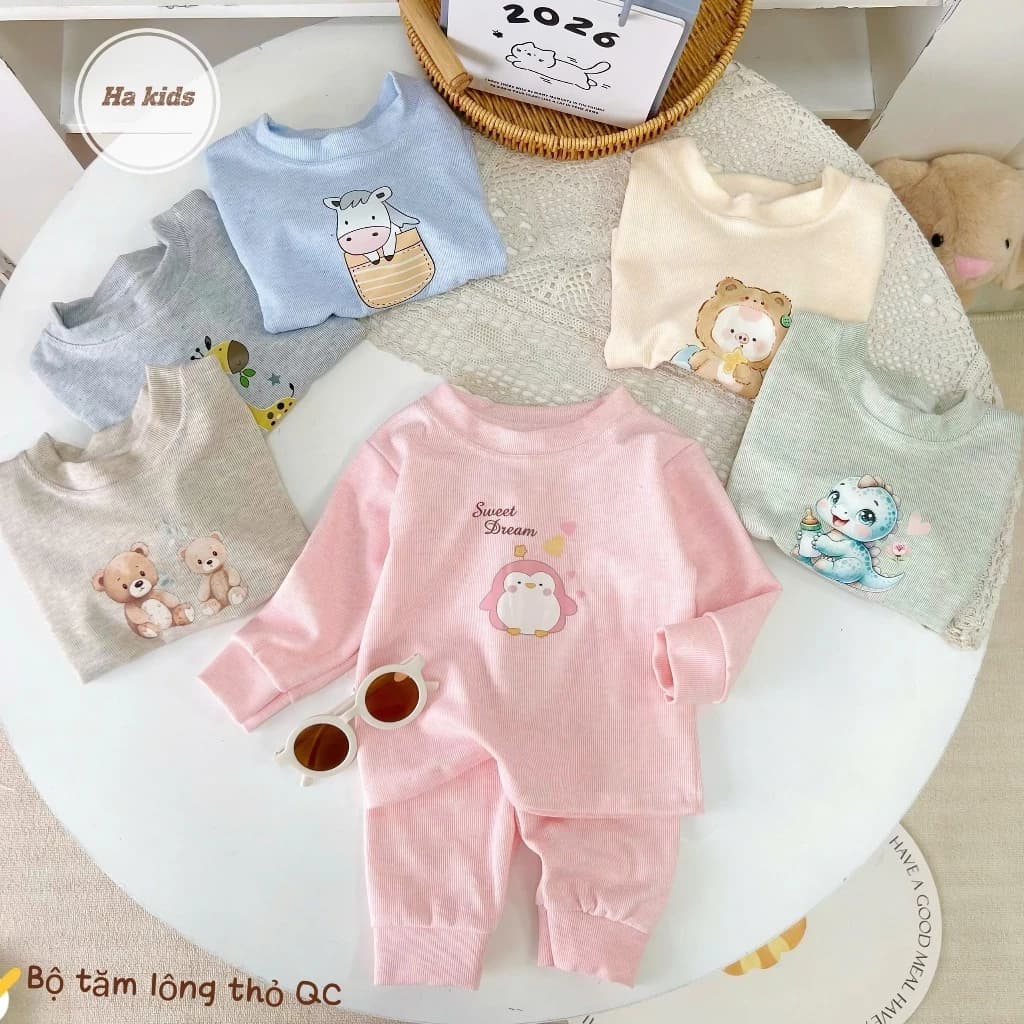 Combo 2/3 Bộ Nỉ Len Tăm Thỏ Boonhousee Ấm Áp Mềm Mại In Hình Cho Bé Trai Bé Gái Size 7-15kg